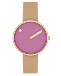Picto 34mm、ピンクダイアル、円形ブラッシュゴールドベゼル、ペルー産ブラウンレザー ストラップ 