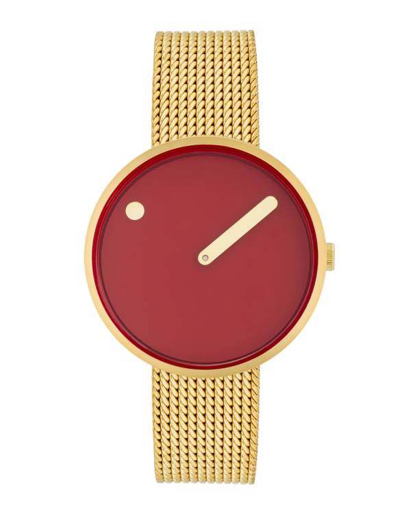 34 mm / Cinnamon Red dial / Matt gold mesh band