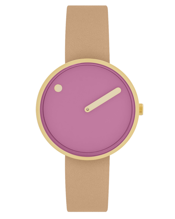Picto 34mm, pink dial, circular brushed gold bezel, peruvian brown leather strap