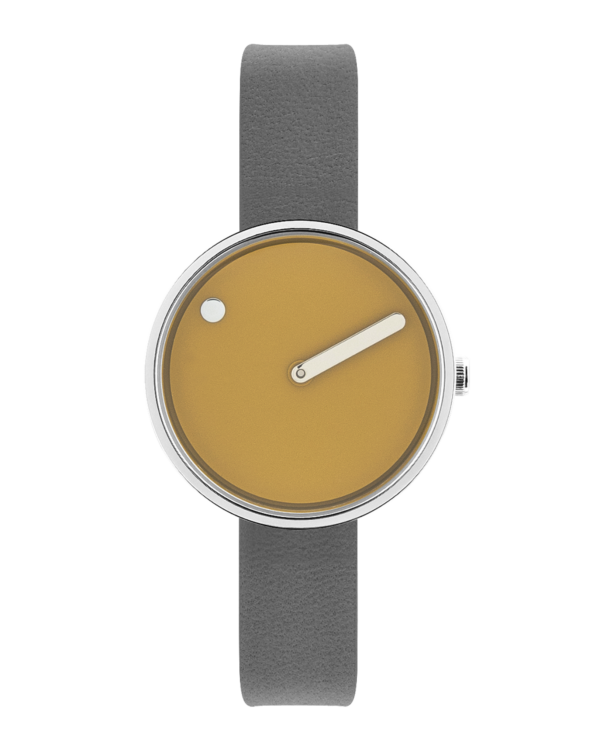 30 mm / Mustard Yellow dial / Thunder Grey leather strap